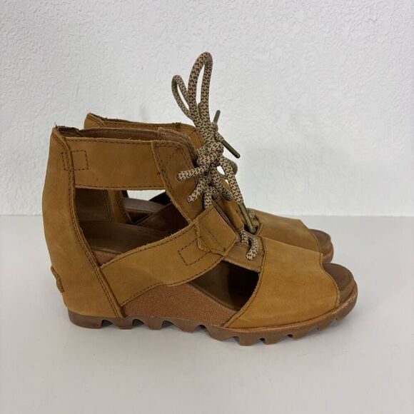 Sorel Tan Leather Cutout Joanie Lace Up Wedge Sandals - Picture 1 of 7